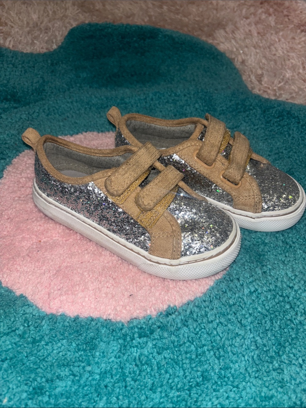 Glitter Velcro Kids Sneakers - Silver and Tan